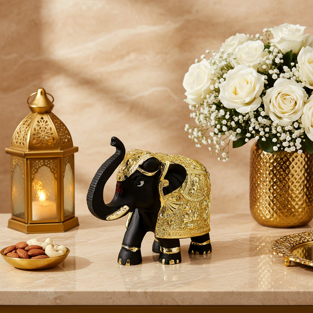 24 Ct Gold  Black Coated Elephant Decorative With Kamdhenu Design