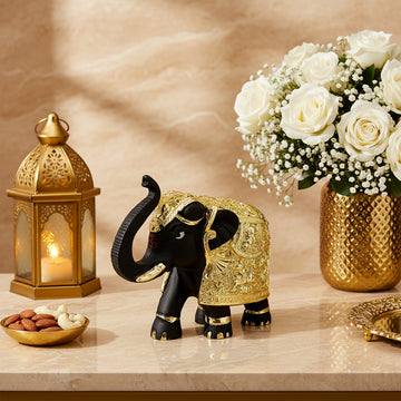 24 Ct Gold  Black Coated Elephant Decorative With Kamdhenu Design