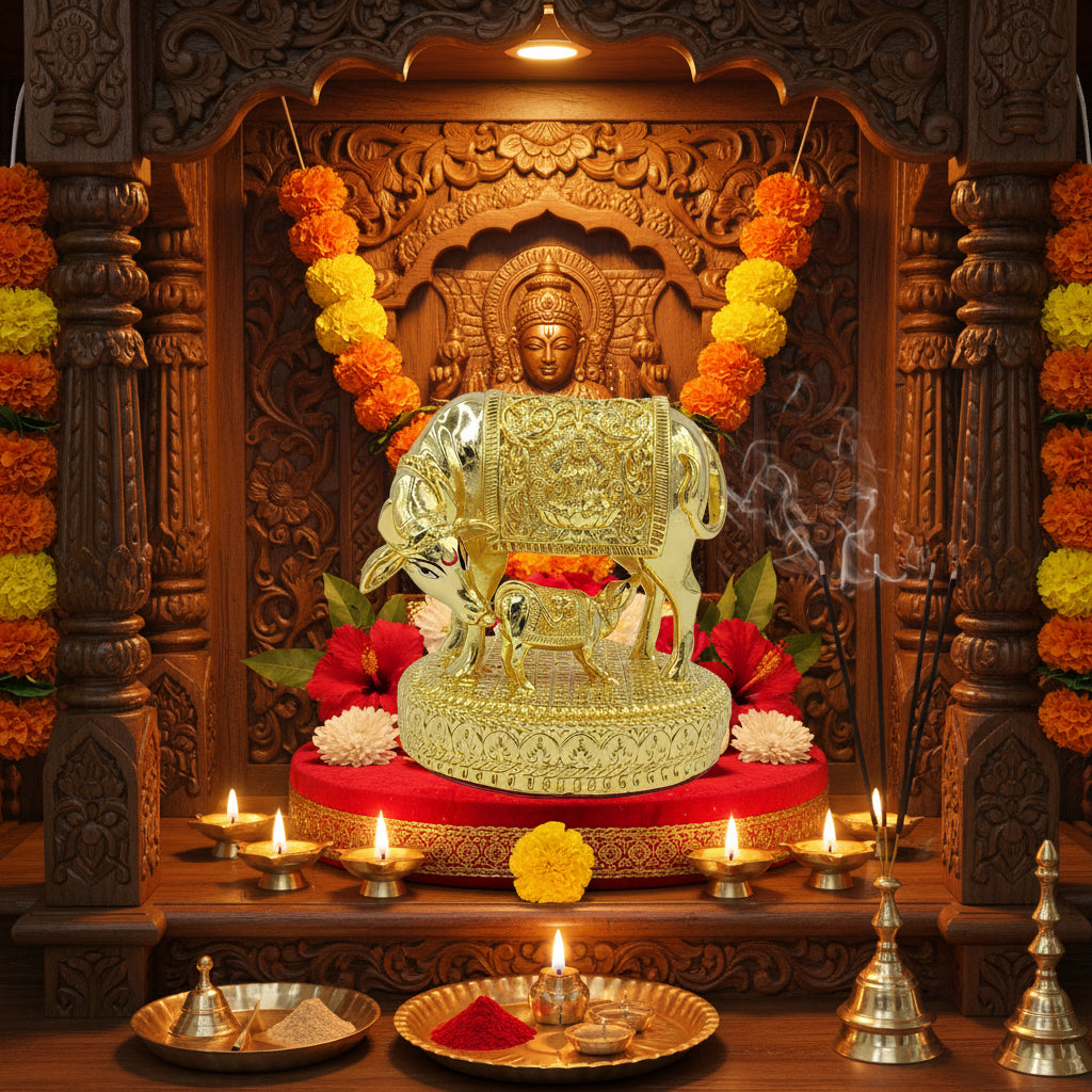 Kamdhenu Cow with Calf Statue | Gold Finish Hindu Idol | Vastu Home Decor | Pooja Room Showpiece