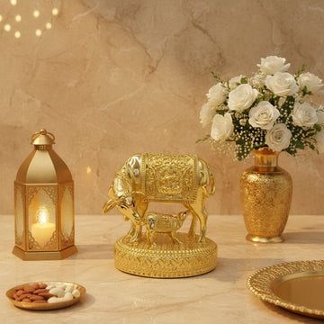Kamdhenu Cow with Calf Statue | Gold Finish Hindu Idol | Vastu Home Decor | Pooja Room Showpiece