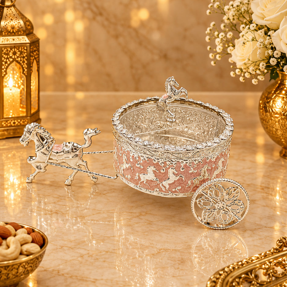 Royal Handcrafted 4-Part Horse Cart Dry Fruit Box & Serving Tray for Home Decor, Diwali & Festive Gifting