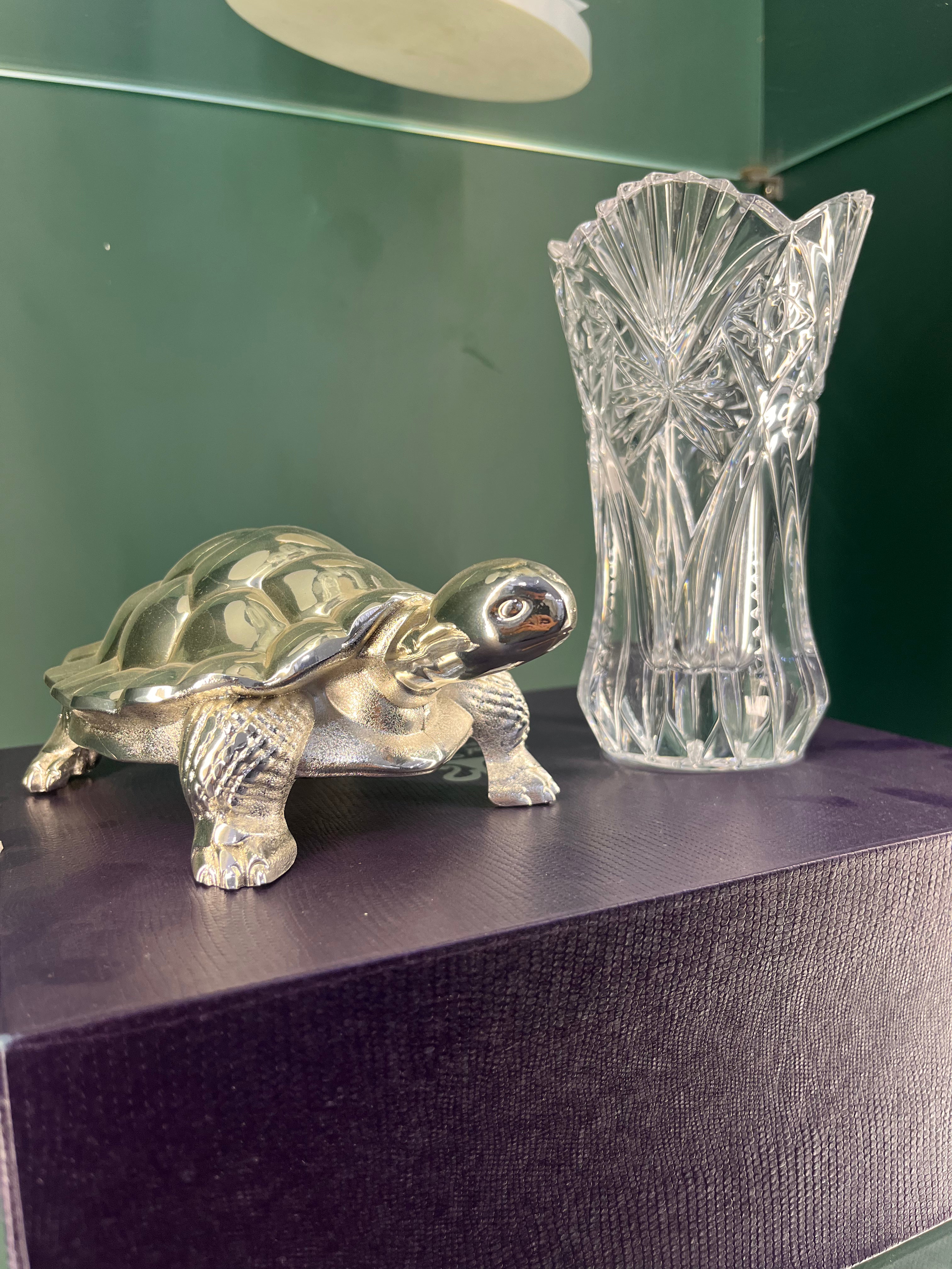 Pure  Silver Coated Vastu Tortoise & Crystal Glass Combo
