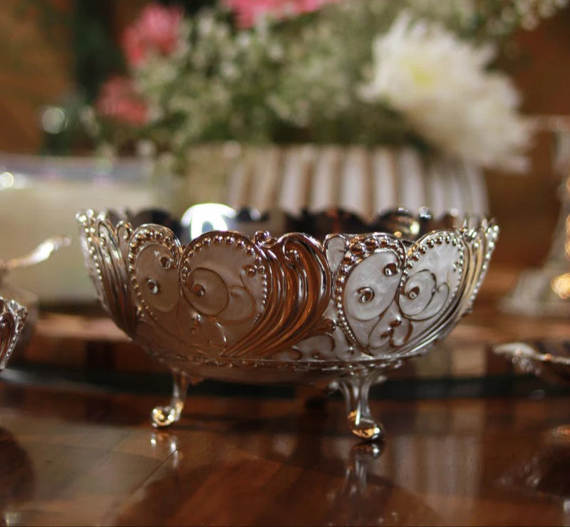 Decorative Silver Fruit Bowl with Floral Design | Metal Serving Basket | Flower Candy Holder | Dry Fruit Tray | Luxury Table Centerpiece Gifts