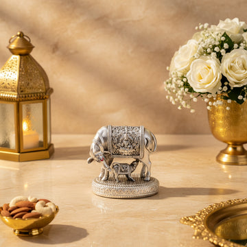 Brass Silver  Platted Kamdhenu Cow and Calf Idol | Auspicious Sculpture of Abundance & Harmony