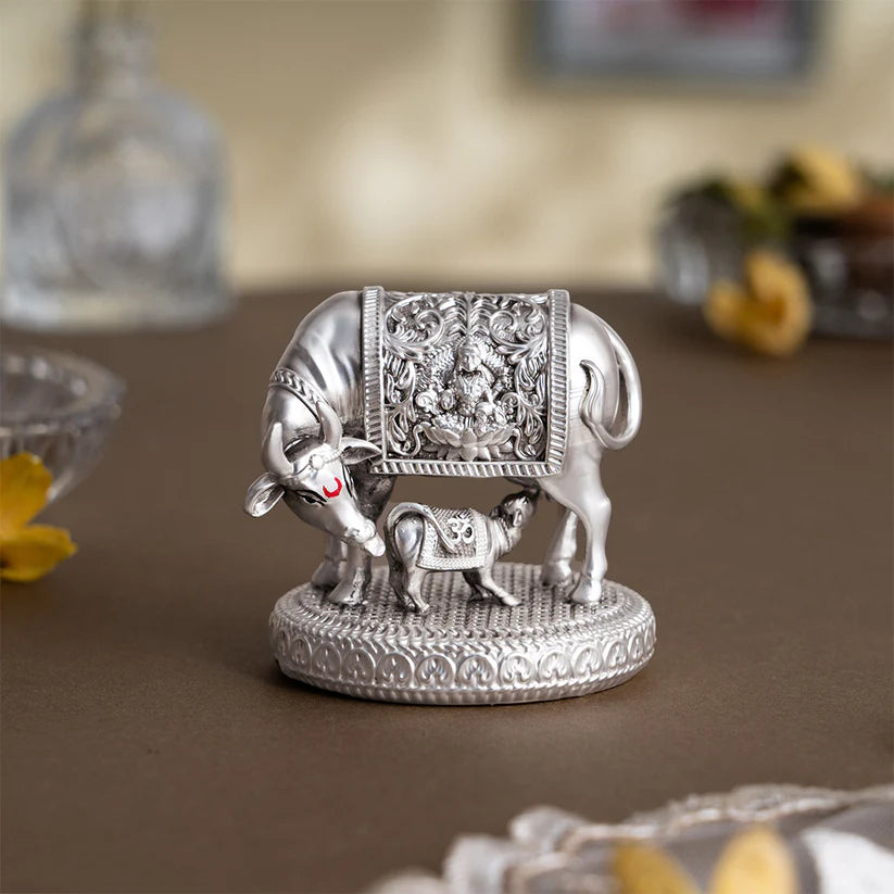 Brass Silver  Platted Kamdhenu Cow and Calf Idol | Auspicious Sculpture of Abundance & Harmony