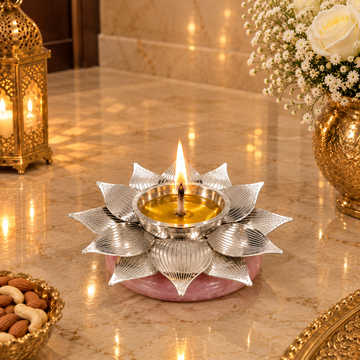 Silver Plated Lotus Diya with Rose Pink Quartz Base for Pooja Decor