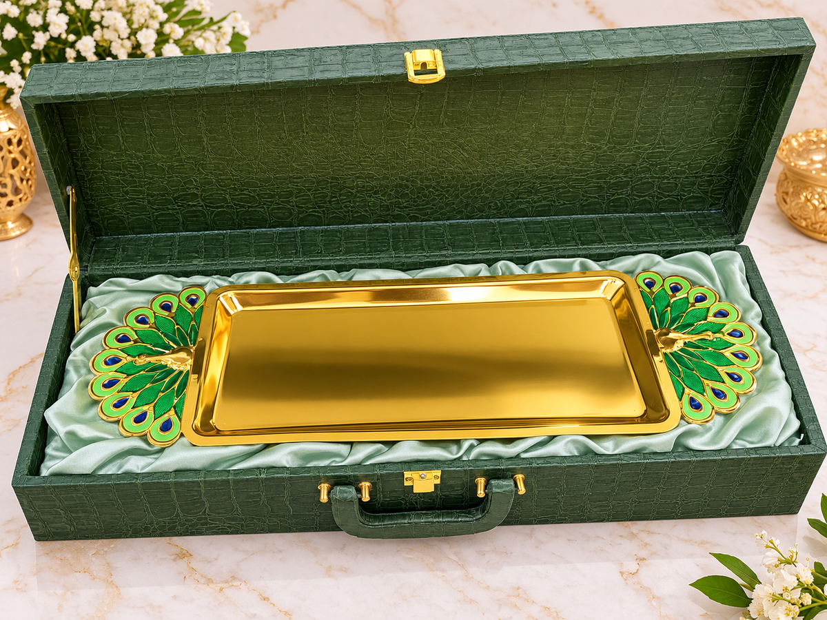 Premium Golden Peacock Decorative Tray with Alligator Leather Box | Luxury Home Decor & Gift Set