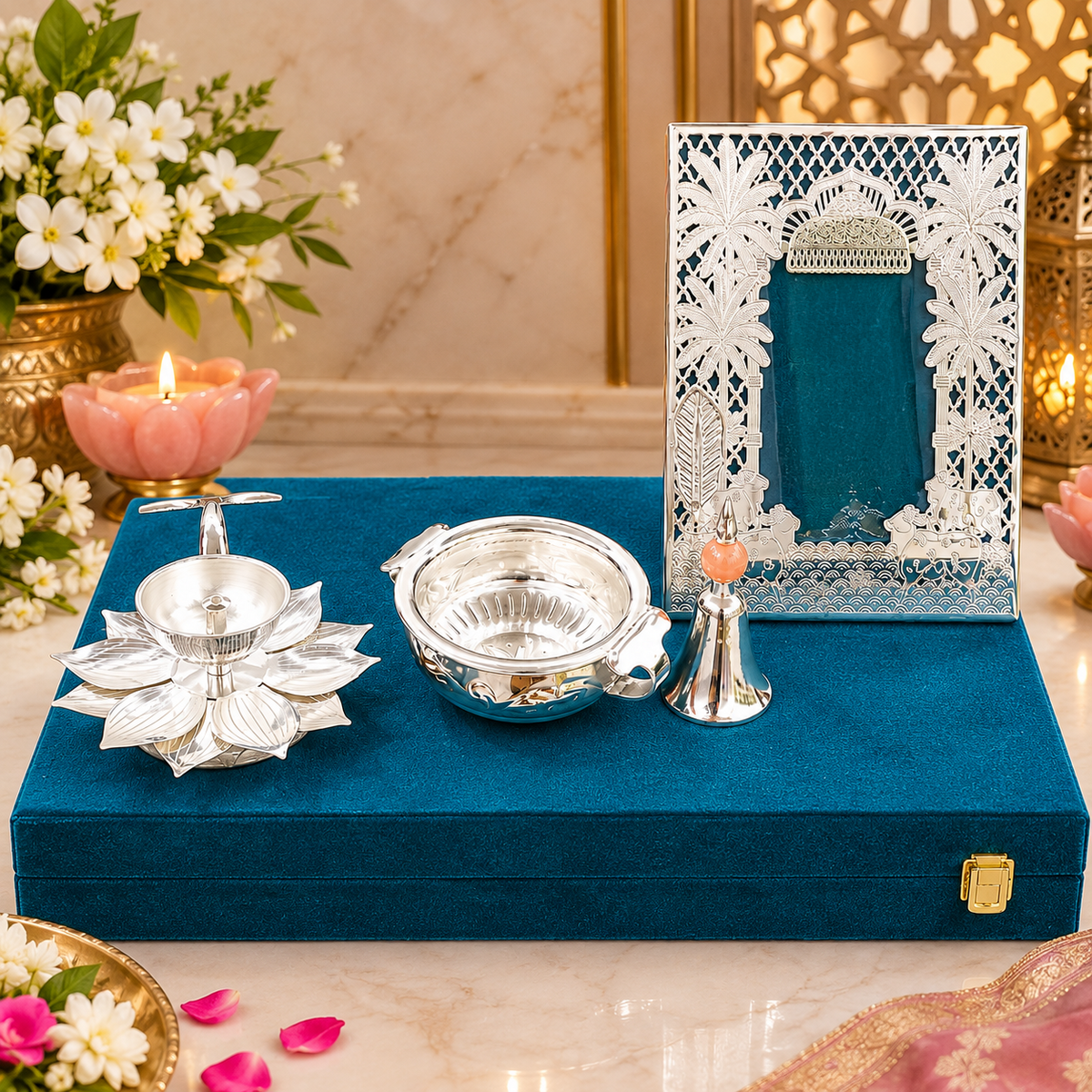 Silver Plated Premium Pooja Set with Lotus Diya, Urli Bowl & Decorative Frame – 9.7 × 6 cm, 2000 g