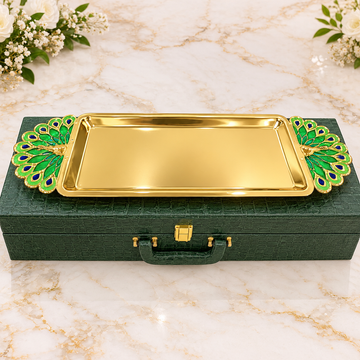 Premium Golden Peacock Decorative Tray with Alligator Leather Box | Luxury Home Decor & Gift Set