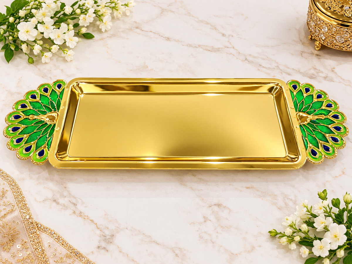 Premium Golden Peacock Decorative Tray with Alligator Leather Box | Luxury Home Decor & Gift Set