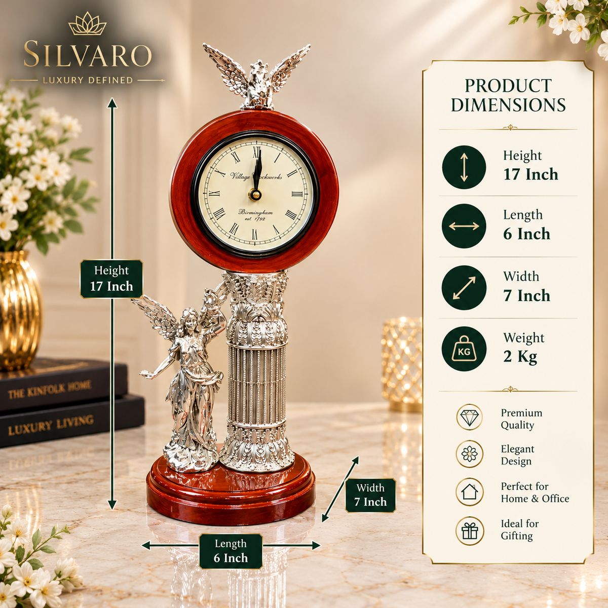 999 Fine Silver Goddess of Light Winged Angel And Pegasus Table Clock  | Silver Plated Royal Decorative Clock | Luxury Home Decor | Elegant Gift