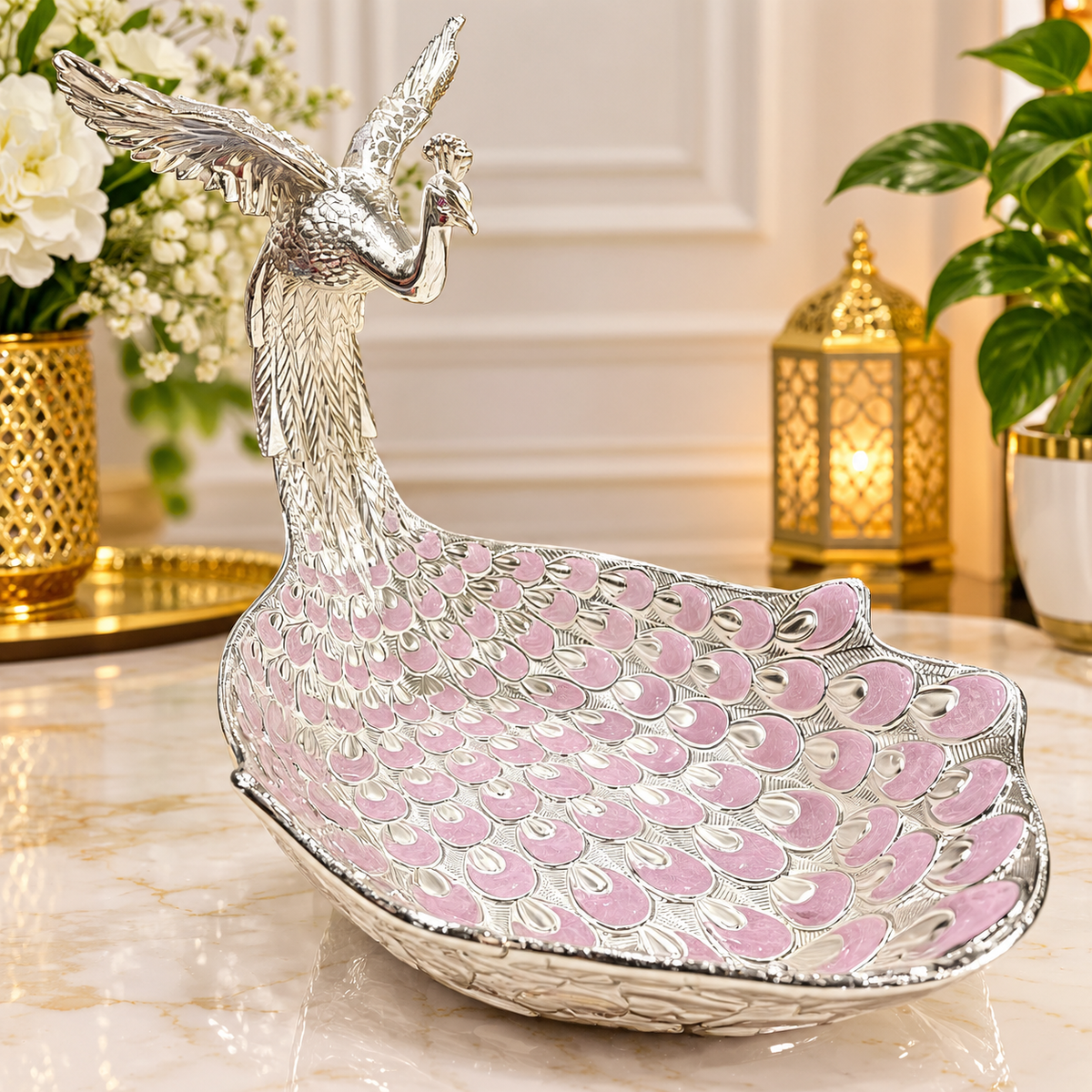 Silver Plated Flying Peacock Platter, Decorative Peacock Tray, Luxury Serving Bowl, Elegant Home Decor, Indian Wedding Gift, Festive Gift