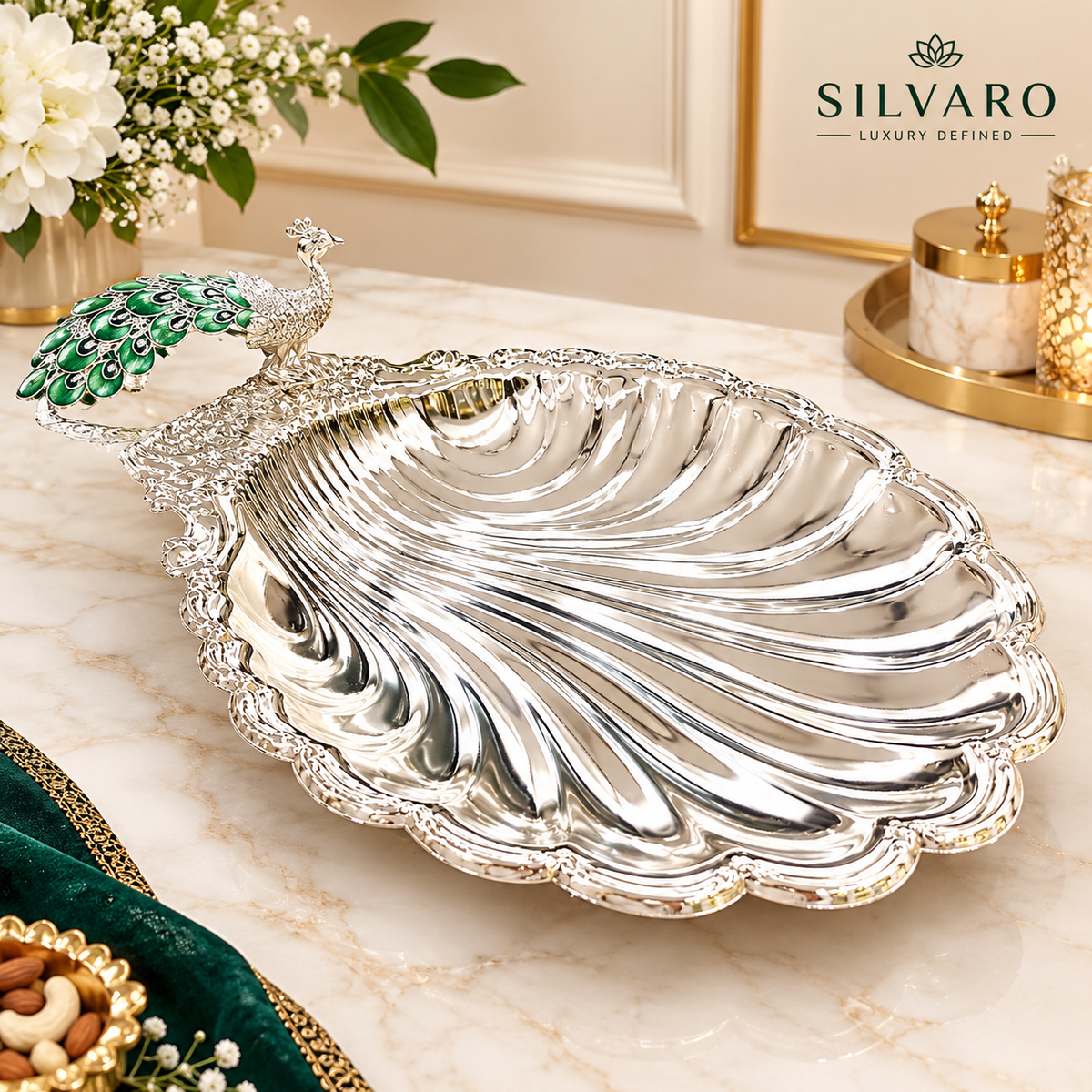 Silver Plated Peacock Sea Shell Seep Serving Tray | Elegant Table Centerpiece | Premium Home Décor & Festive Gifting