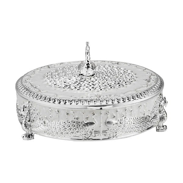 Luxury Peacock Dry Fruit Box with Lid | Silver Plated Decorative Serving Box | Round Candy, Chocolate & Mithai Storage Box | 21 × 21 × 11 cm | 1015g