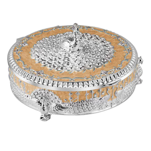 Luxury Peacock Dry Fruit Box with Lid | Silver Plated Decorative Serving Box | Round Candy, Chocolate & Mithai Storage Box | 21 × 21 × 11 cm | 1015g