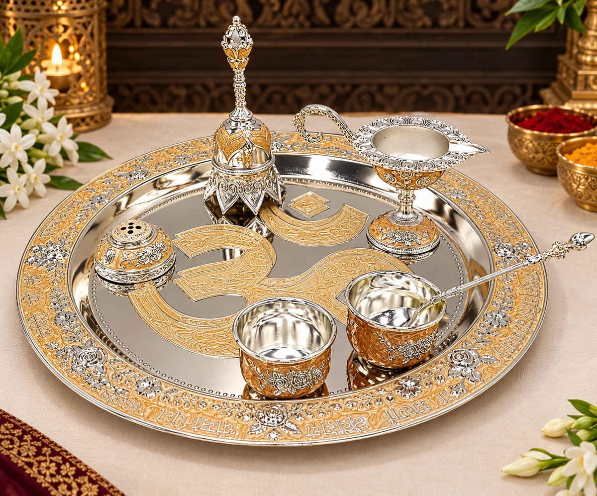 Premium Silver & Gold Plated Pooja Thali Set – Traditional Designer Puja Thali with Diya, Bowls & Spoon