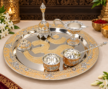 Premium Silver & Gold Plated Pooja Thali Set – Traditional Designer Puja Thali with Diya, Bowls & Spoon
