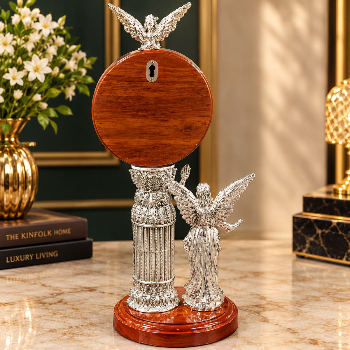 999 Fine Silver Goddess of Light Winged Angel And Pegasus Table Clock  | Silver Plated Royal Decorative Clock | Luxury Home Decor | Elegant Gift