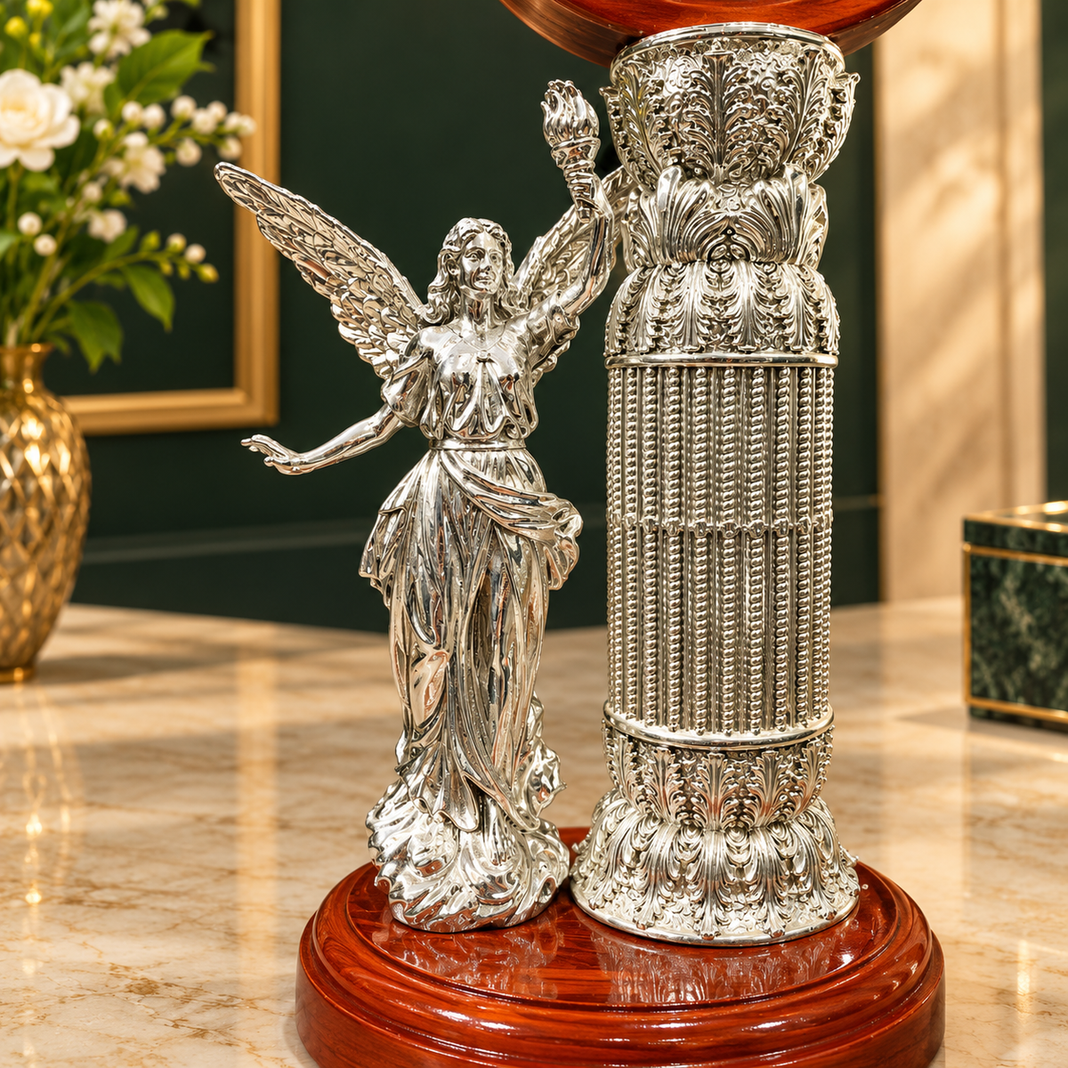 999 Fine Silver Goddess of Light Winged Angel And Pegasus Table Clock  | Silver Plated Royal Decorative Clock | Luxury Home Decor | Elegant Gift