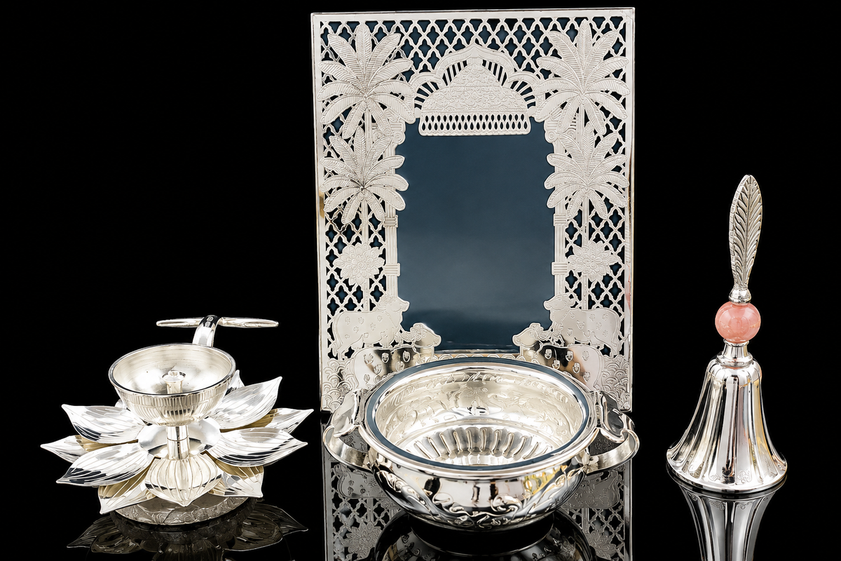 Silver Plated Premium Pooja Set with Lotus Diya, Urli Bowl & Decorative Frame – 9.7 × 6 cm, 2000 g