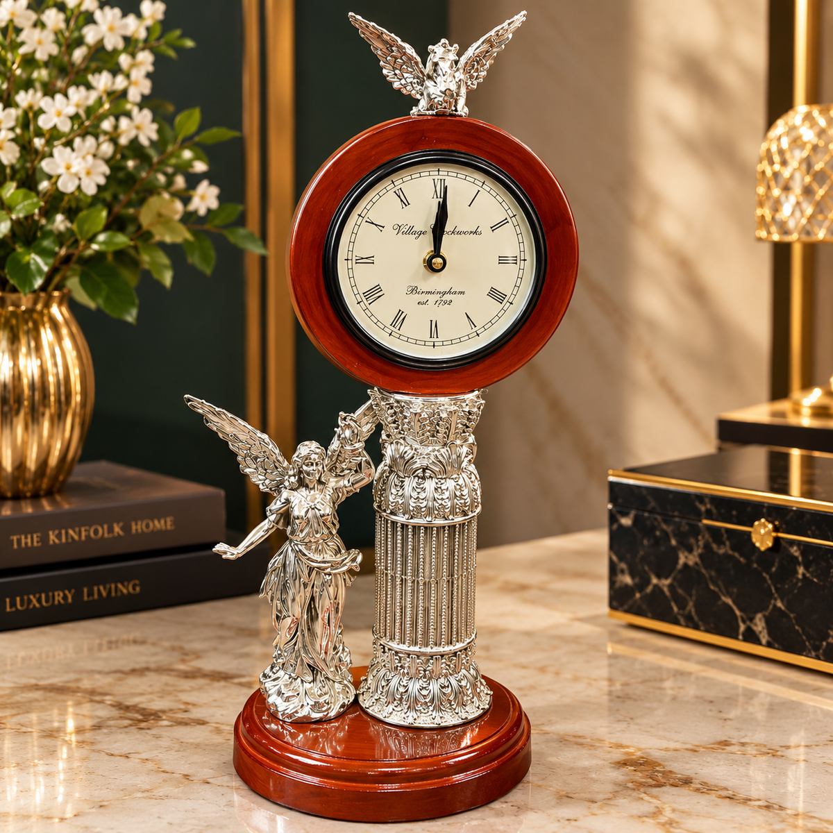 999 Fine Silver Goddess of Light Winged Angel And Pegasus Table Clock  | Silver Plated Royal Decorative Clock | Luxury Home Decor | Elegant Gift