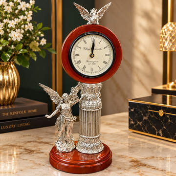 999 Fine Silver Goddess of Light Winged Angel And Pegasus Table Clock  | Silver Plated Royal Decorative Clock | Luxury Home Decor | Elegant Gift