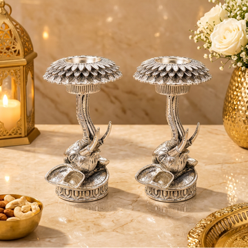 999 Silver Platted Elephant Candle Stand Pair Set, 6 Inch Decorative Elephant Holders, Traditional Indian Home Decor, Pooja Room Decor, Luxury Gift Set