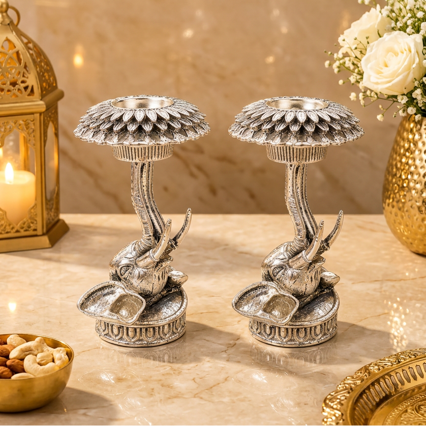999 Silver Platted Elephant Candle Stand Pair Set, 6 Inch Decorative Elephant Holders, Traditional Indian Home Decor, Pooja Room Decor, Luxury Gift Set