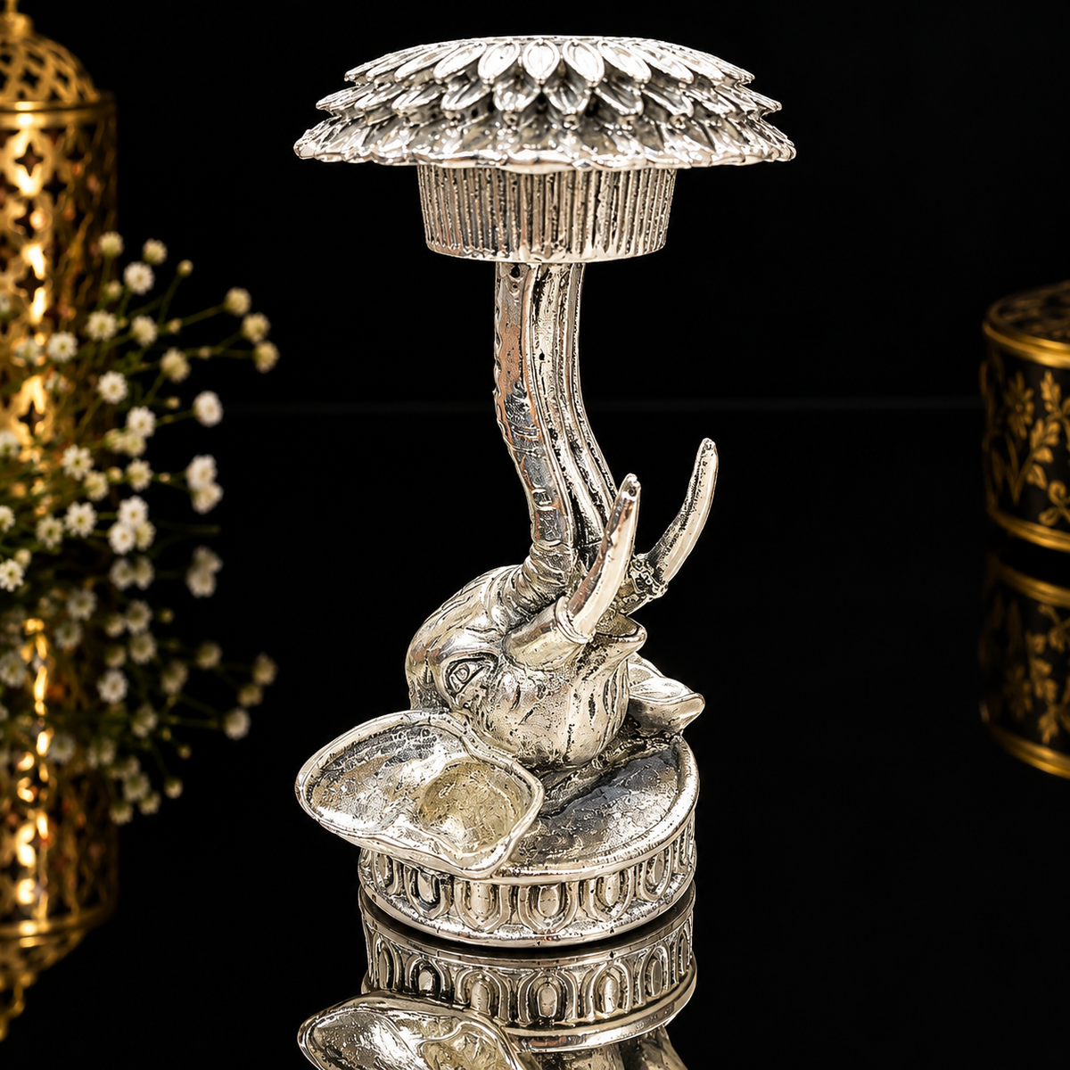 999 Silver Platted Elephant Candle Stand Pair Set, 6 Inch Decorative Elephant Holders, Traditional Indian Home Decor, Pooja Room Decor, Luxury Gift Set