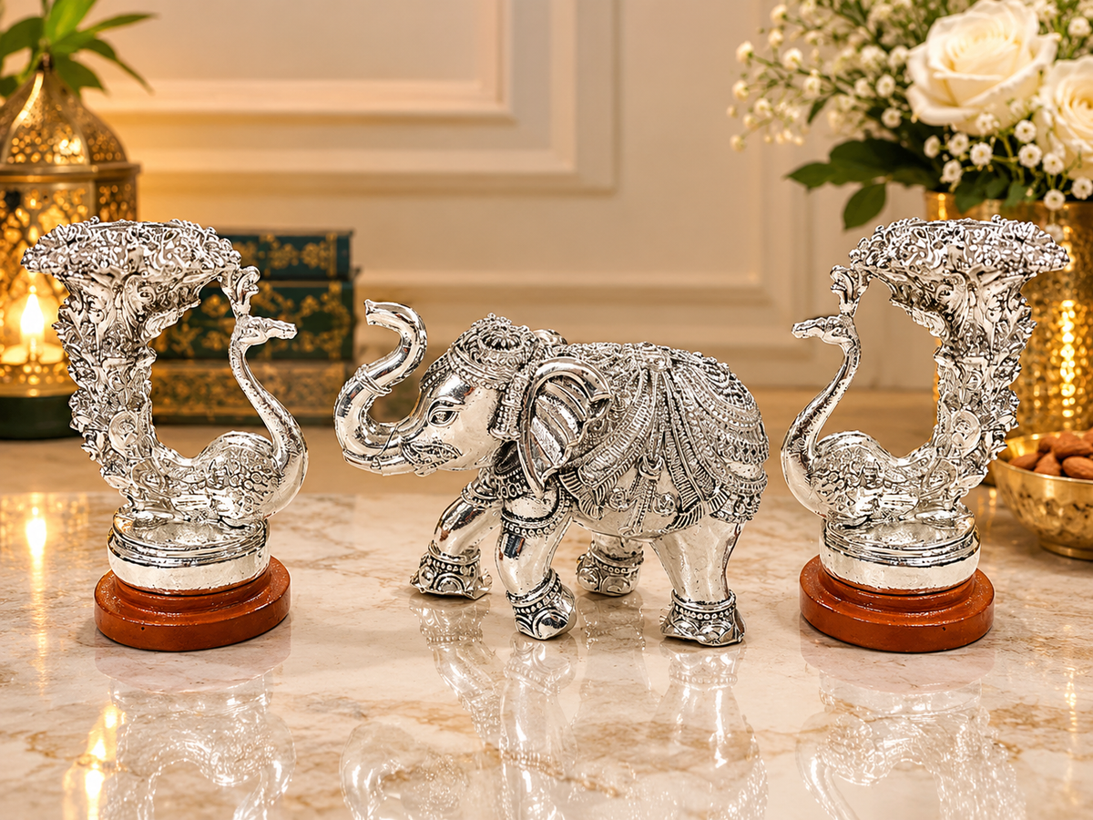 999 Silver Platted Elephant Peacock Candle Stand, 4 Inch Decorative Peacock Holder,