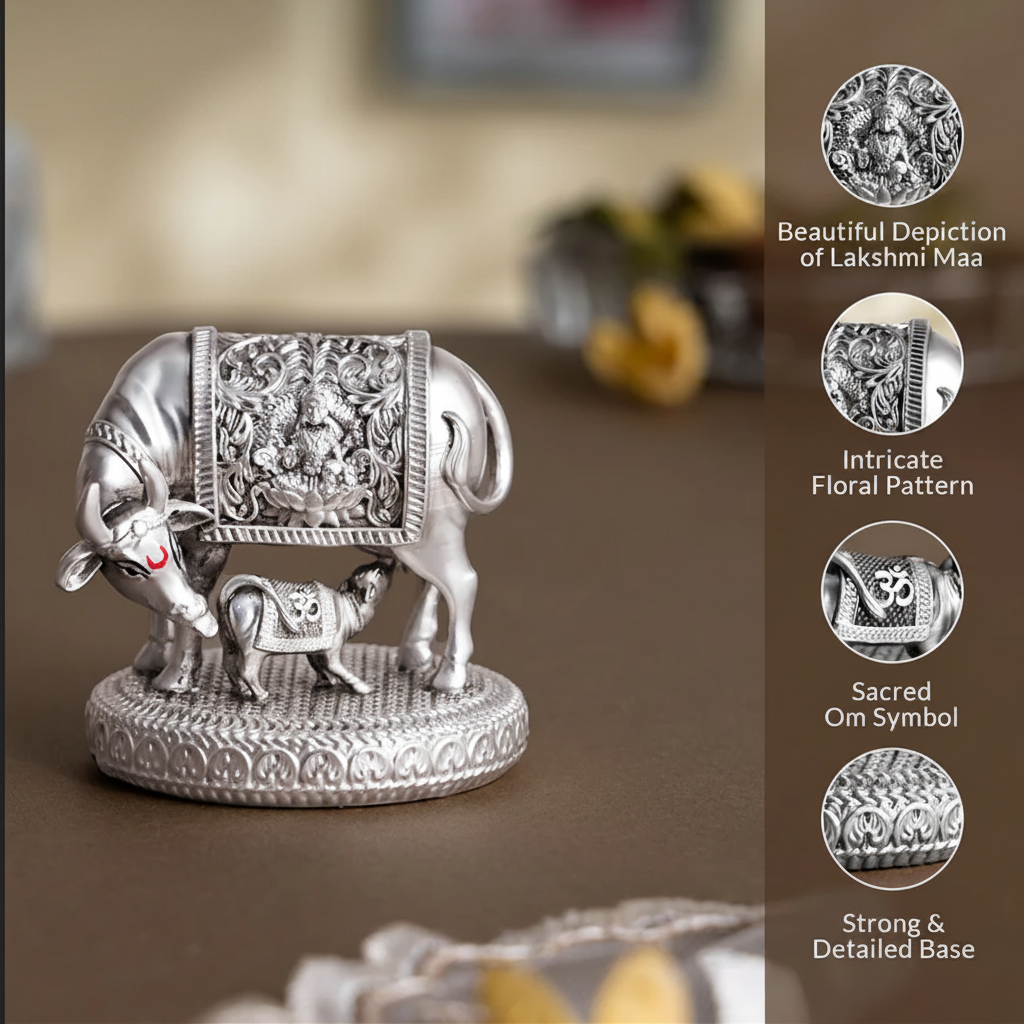 Brass Silver  Platted Kamdhenu Cow and Calf Idol | Auspicious Sculpture of Abundance & Harmony