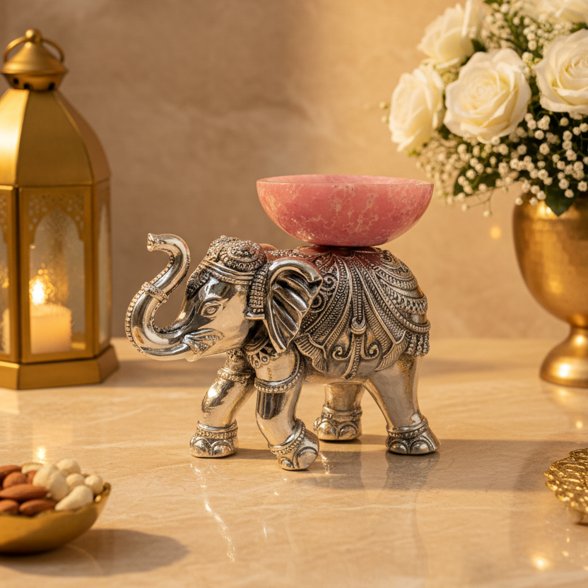 Silver Elephant Decorative Bowl with Green Stone Finish | Luxury Home Décor Accent | Handcrafted Table Centerpiece