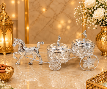 Luxury Horse Cart Dry Fruit Bowl 16 Inch | Silver Plated Royal Dry Fruit Bowl | Decorative Horse Carriage Fruit Bowl | Premium Gift