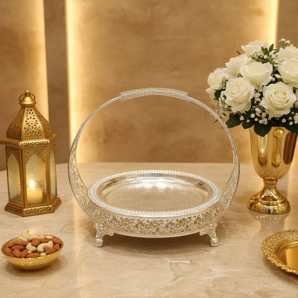 Luxury Silver Plated Round Serving Basket with Handle | Decorative Fruit Basket & Gift Hamper Tray | Premium Wedding, Housewarming & Festive Gift | 33 × 33 × 26 cm