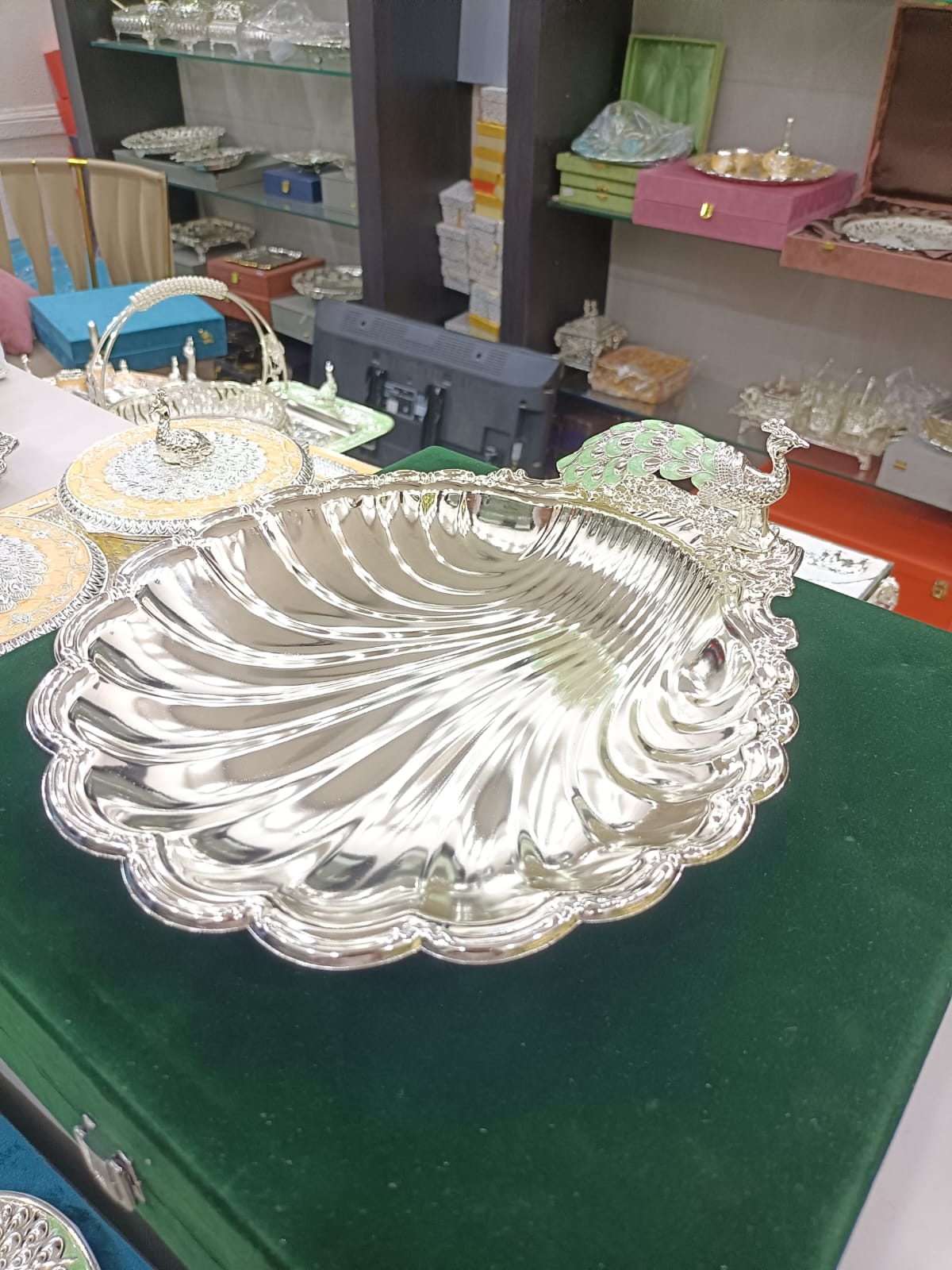 Silver Plated Peacock Sea Shell Seep Serving Tray | Elegant Table Centerpiece | Premium Home Décor & Festive Gifting