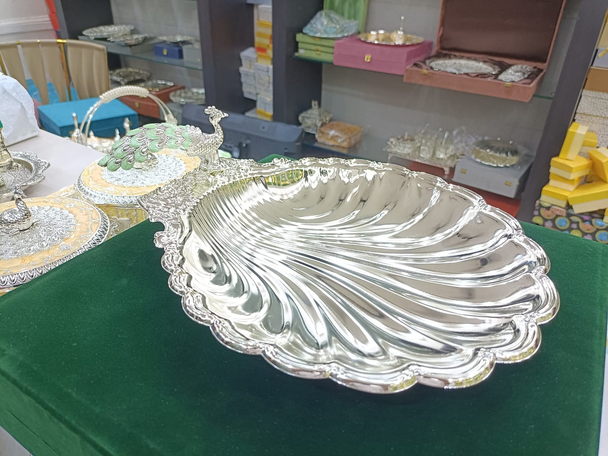 Silver Plated Peacock Sea Shell Seep Serving Tray | Elegant Table Centerpiece | Premium Home Décor & Festive Gifting