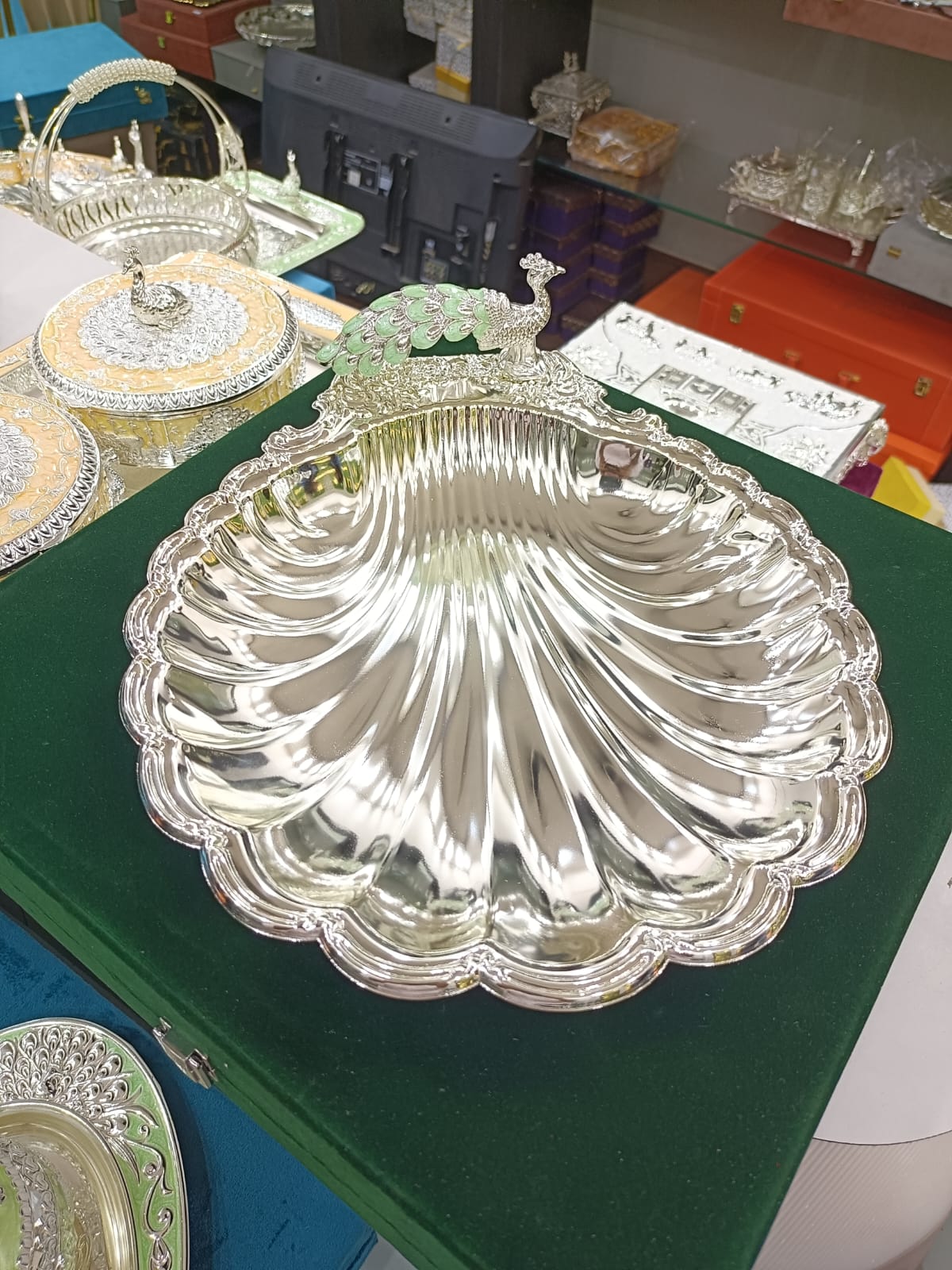 Silver Plated Peacock Sea Shell Seep Serving Tray | Elegant Table Centerpiece | Premium Home Décor & Festive Gifting