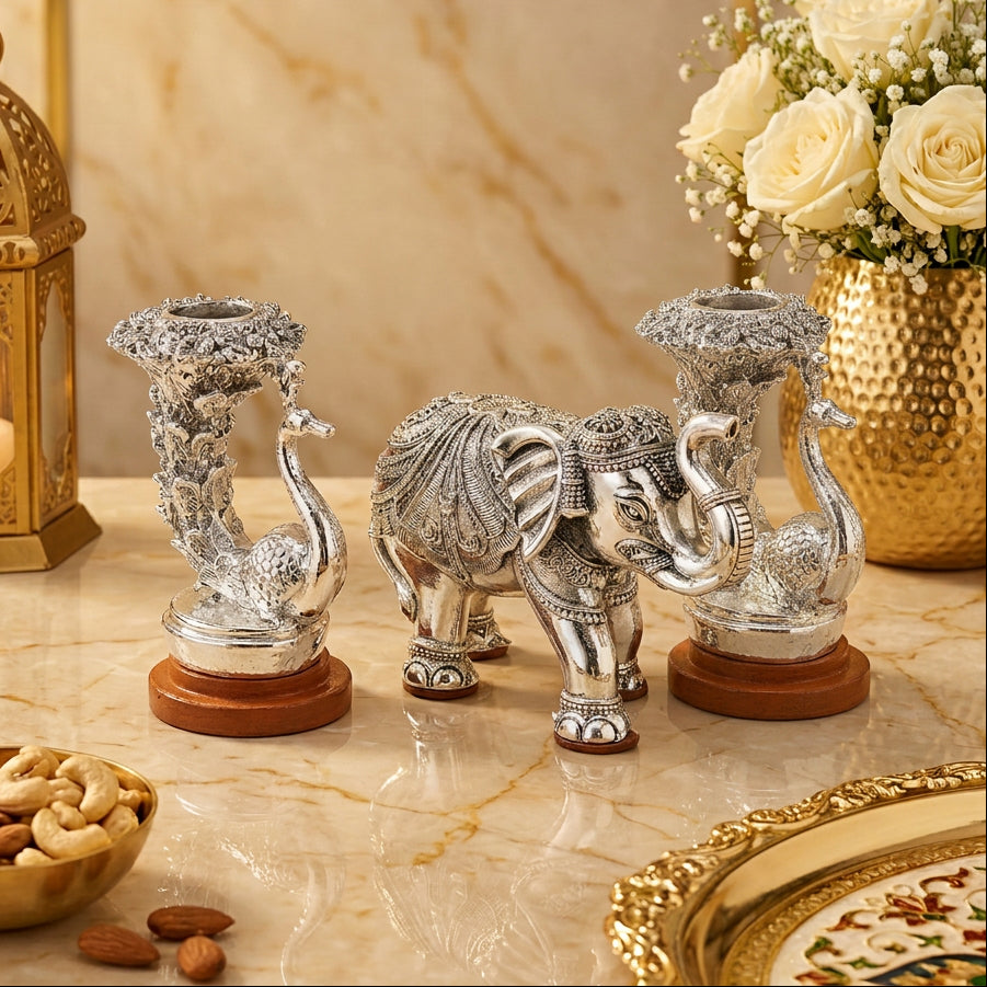 999 Silver Platted Elephant Peacock Candle Stand, 4 Inch Decorative Peacock Holder,