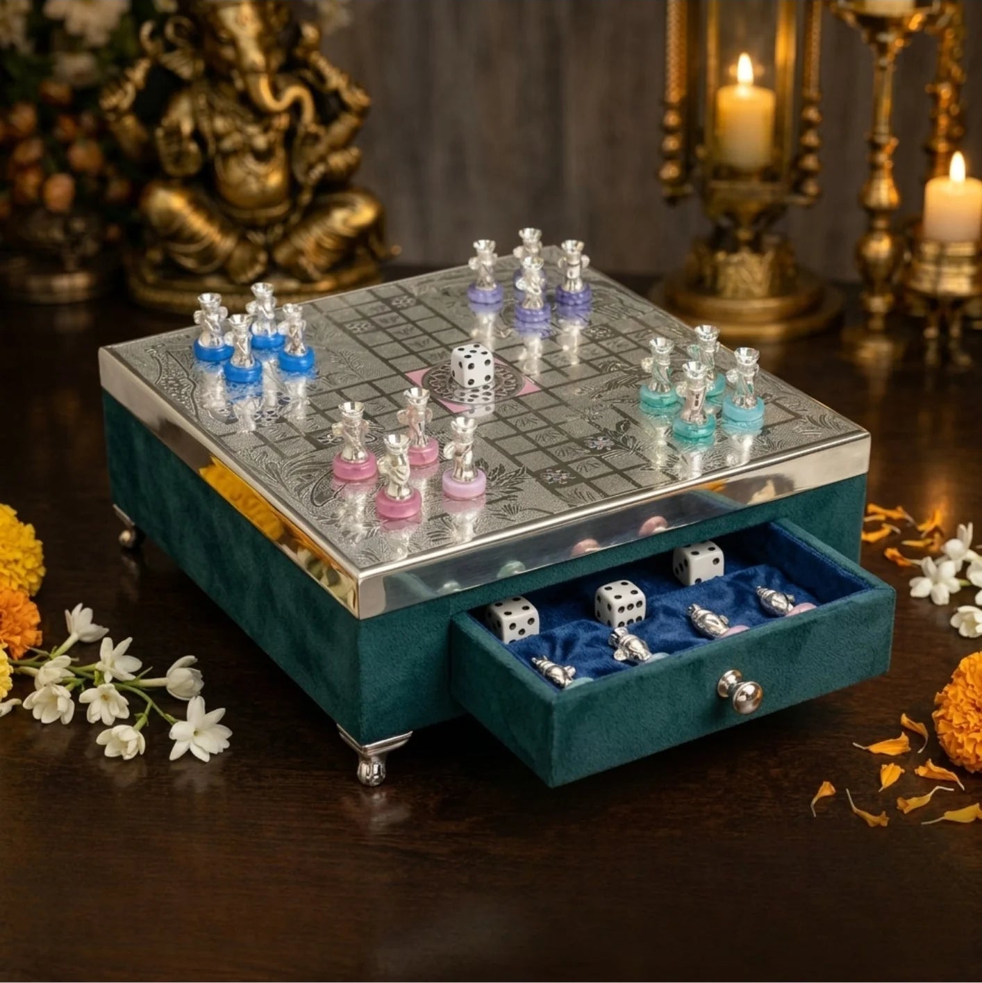 Luxury Silver Plated Ludo Set with Velvet Storage Drawer | Handcrafted Decorative Ludo Board | Premium Gift & Home Décor