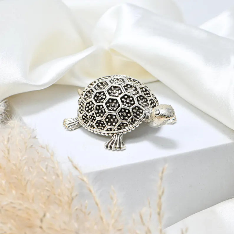 Silver Plated Turtle Showpiece | 5 Inch Decorative Tortoise Figurine | Lucky Turtle Vastu Décor | Tabletop Ornament | Housewarming Gift
