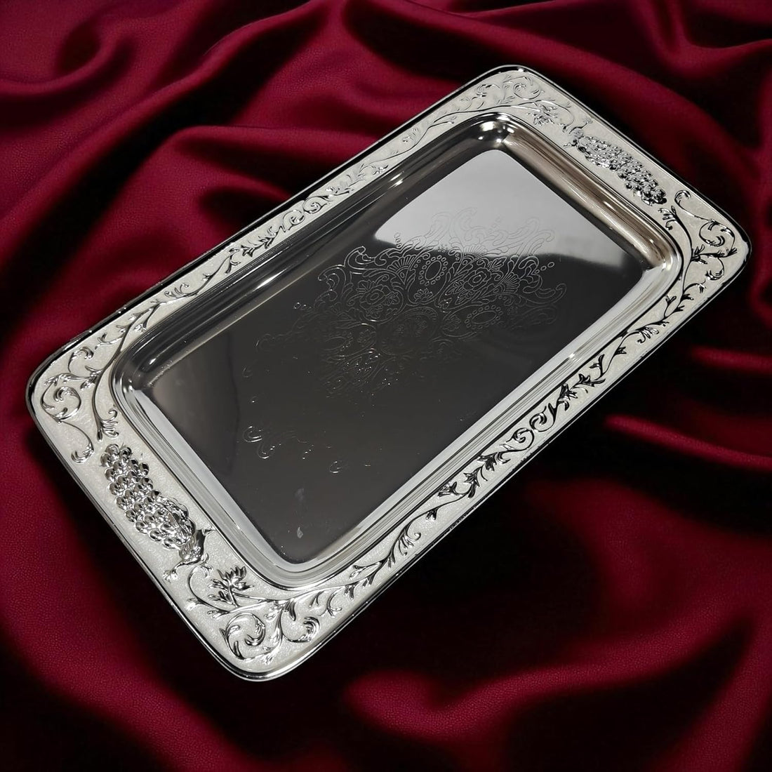 Silver Rectangle Serving Tray (15 inches) | Best Gift for Diwali, Wedding, Anniversary & Housewarming | Elegant Decorative Tray for Dry Fruits, Sweets & Snacks (Peach)