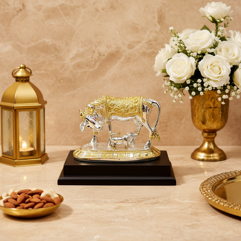 Silver Gold Finish Hindu Idol Kamdhenu Cow with Calf Statue | Vastu Home Decor | Pooja Room Showpiece