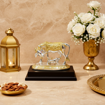 Silver Gold Finish Hindu Idol Kamdhenu Cow with Calf Statue | Vastu Home Decor | Pooja Room Showpiece