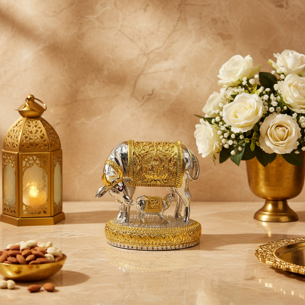 Silver Gold Finish Hindu Idol Kamdhenu Cow with Calf Statue  Round Base | Vastu Home Decor | Pooja Room Showpiece (Copy)