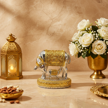 Silver Gold Finish Hindu Idol Kamdhenu Cow with Calf Statue  Round Base | Vastu Home Decor | Pooja Room Showpiece (Copy)