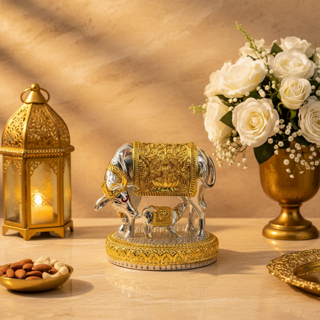 Silver Gold Finish Hindu Idol Kamdhenu Cow with Calf Statue | Vastu Home Decor | Pooja Room Showpiece