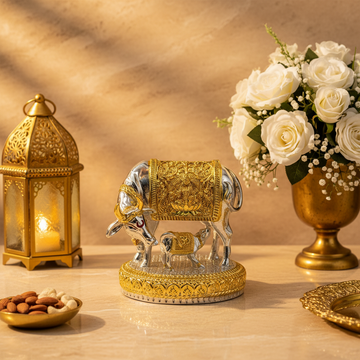 Silver Gold Finish Hindu Idol Kamdhenu Cow with Calf Statue | Vastu Home Decor | Pooja Room Showpiece