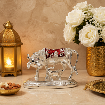 Kamdhenu Cow with Calf Statue |Silver Red Finish Hindu Idol | Vastu Home Decor | Pooja Room Showpiece