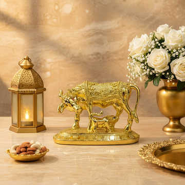 24 Ct Gold Finish Hindu Idol Kamdhenu Cow with Calf Statue | Vastu Home Decor | Pooja Room Showpiece