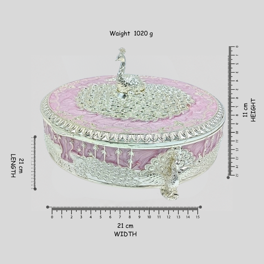 Luxury Peacock Dry Fruit Box with Lid | Silver Plated Decorative Serving Box | Round Candy, Chocolate & Mithai Storage Box | 21 × 21 × 11 cm | 1015g
